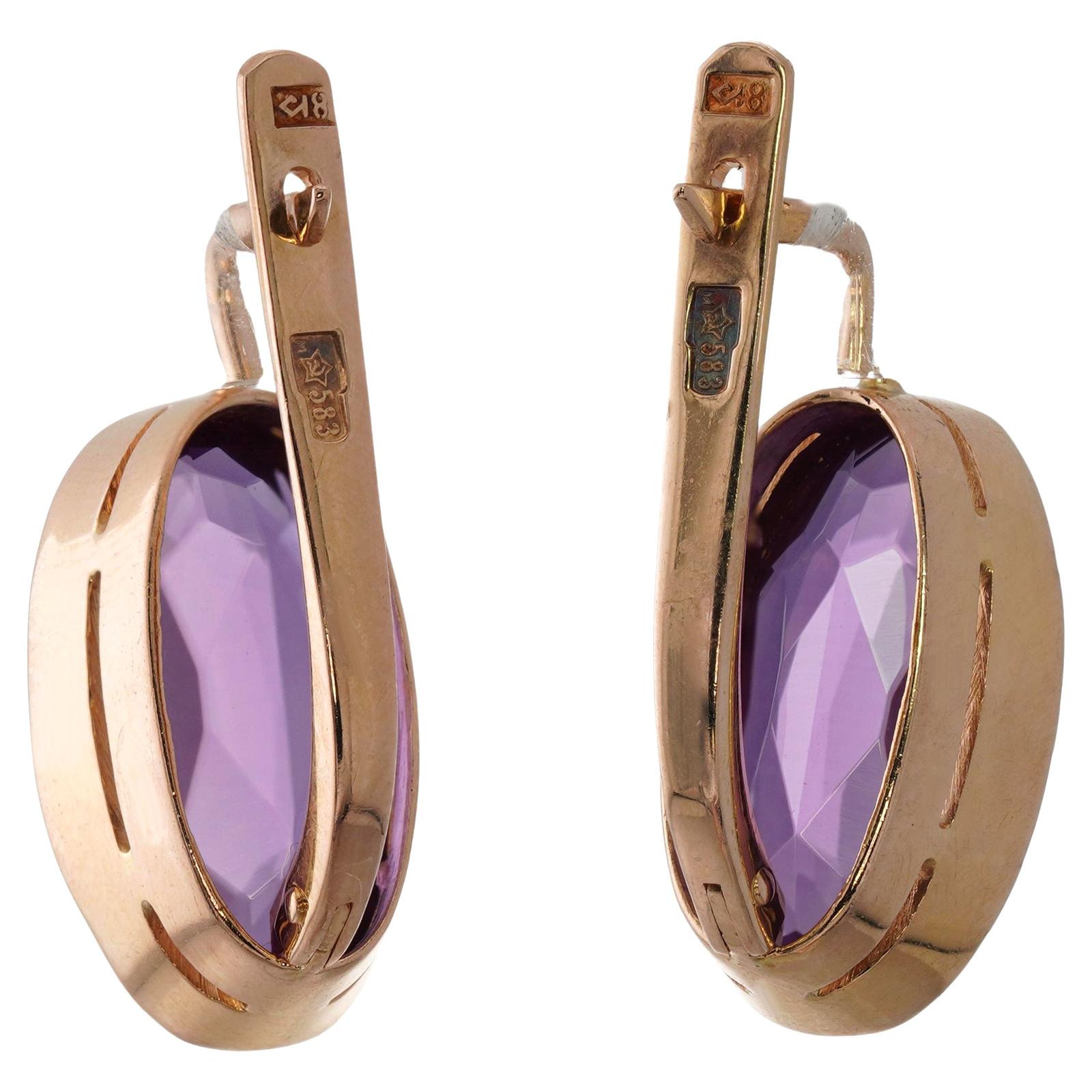 da uomo o donna Orecchini con chiusura europea in oro rosa 14k con ametista retrò in vendita