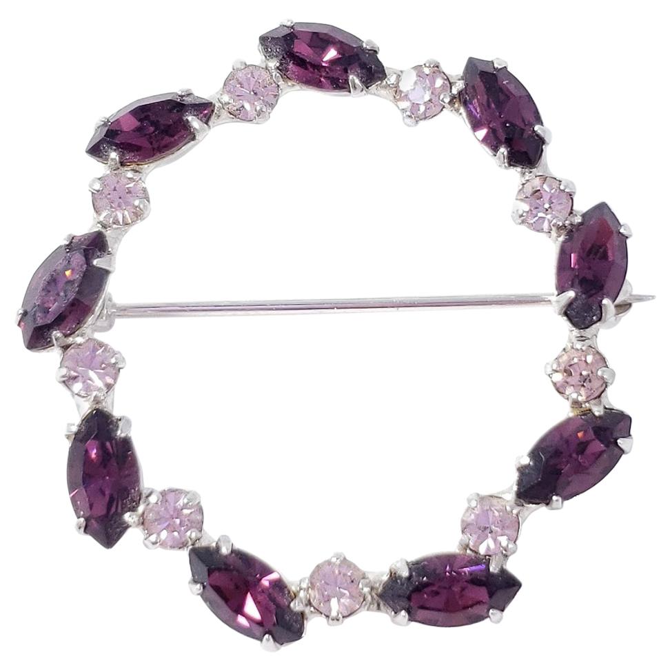 Retro Amethyst and Pink Crystal Round Pin Brooch, Silvertone, Mid 1900s