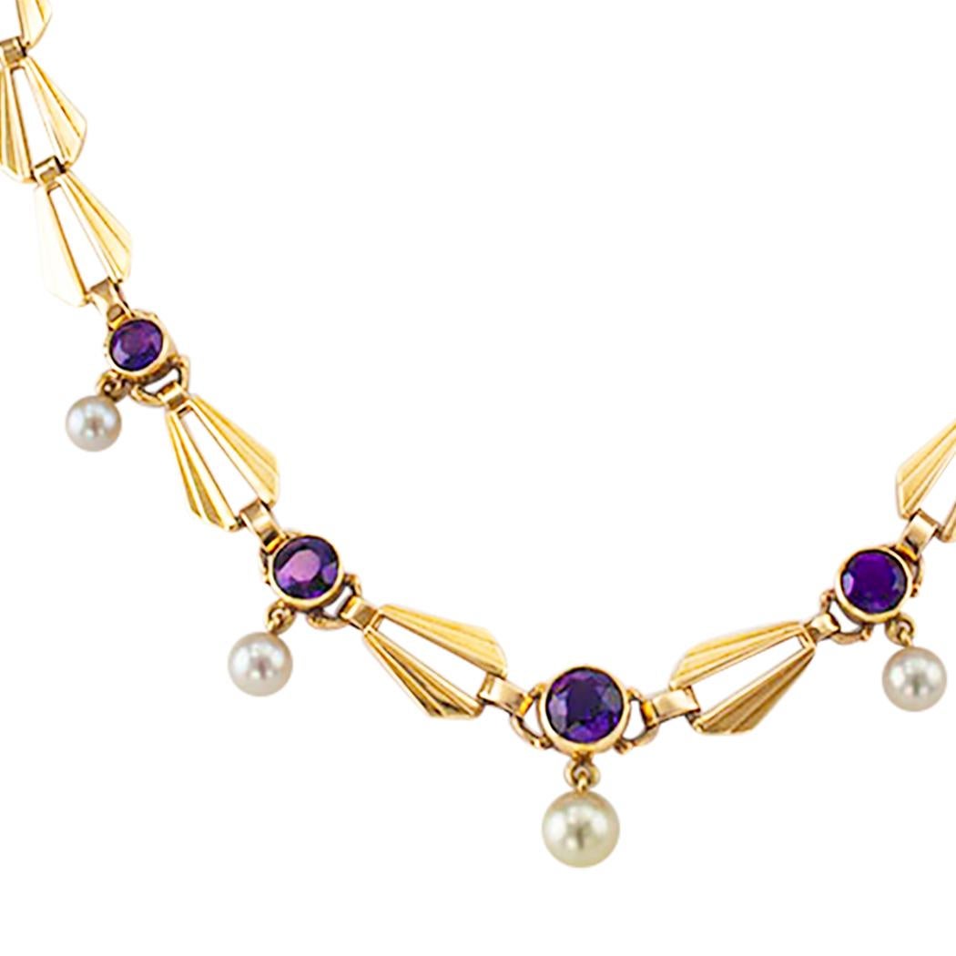 Women's Retro Amethyst Cultured Pearl Gold Necklace