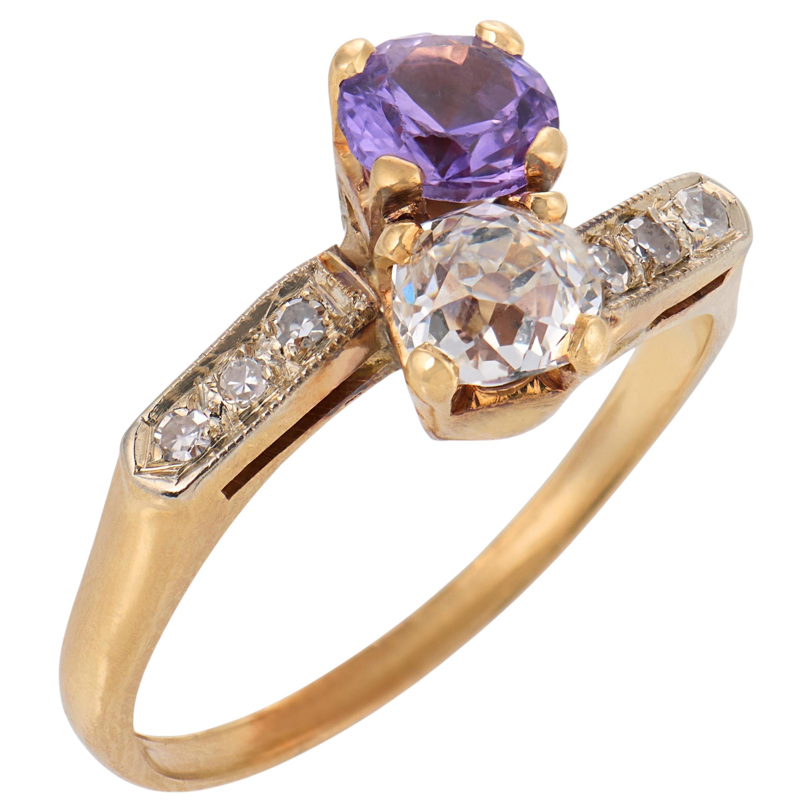 Bague « Toi et Moi » rétro en or jaune 14 carats, avec diamants et améthyste