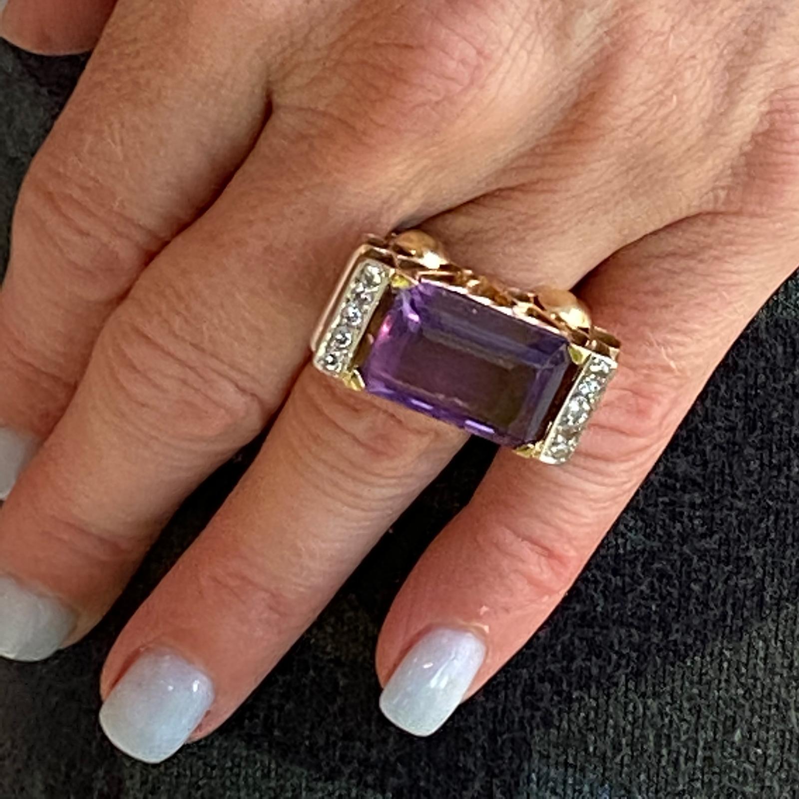 Retro Amethyst Diamond 18 Karat Rose Gold Cocktail Right Hand Ring In Excellent Condition In Boca Raton, FL