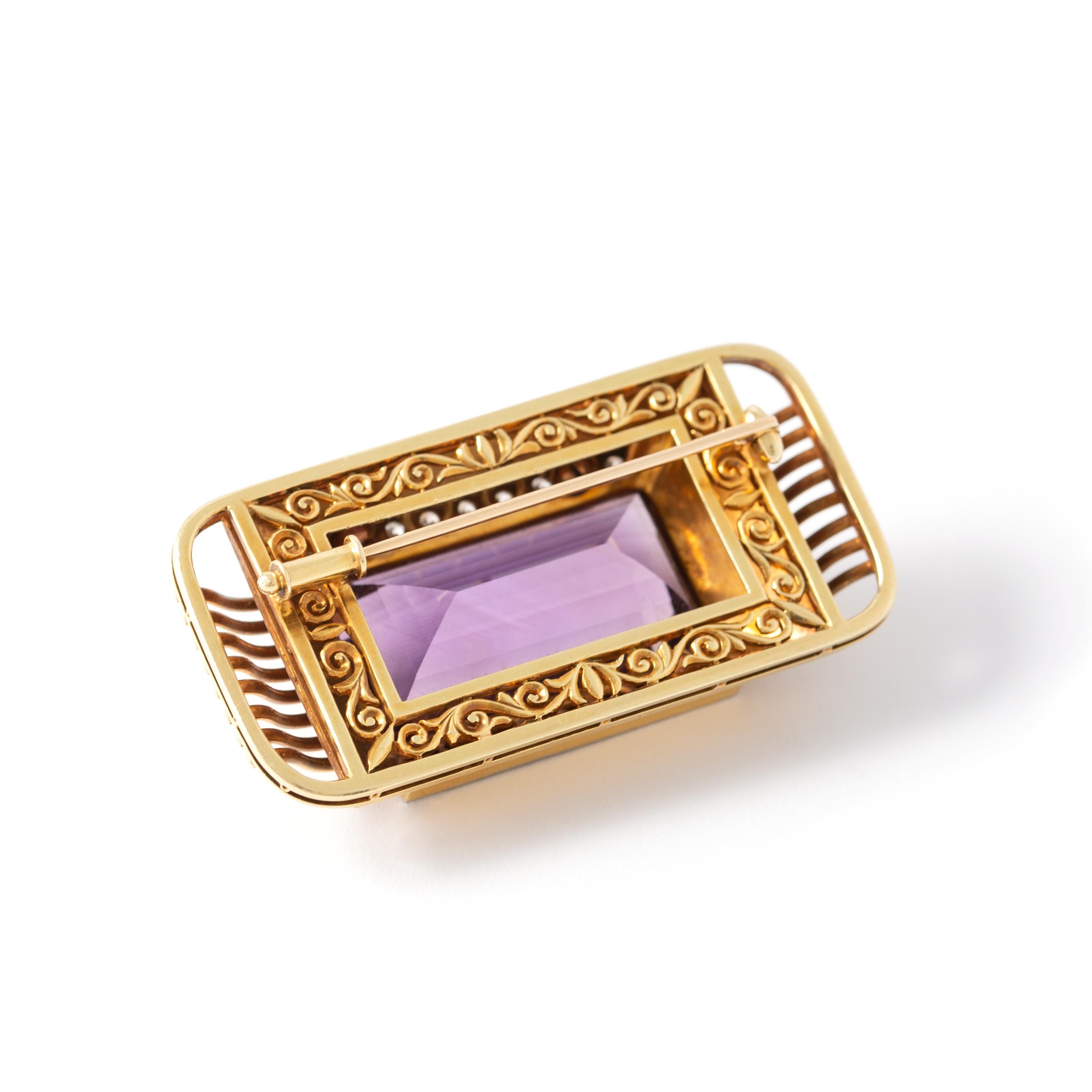 Emerald Cut Retro Amethyst Diamond Gold Brooch