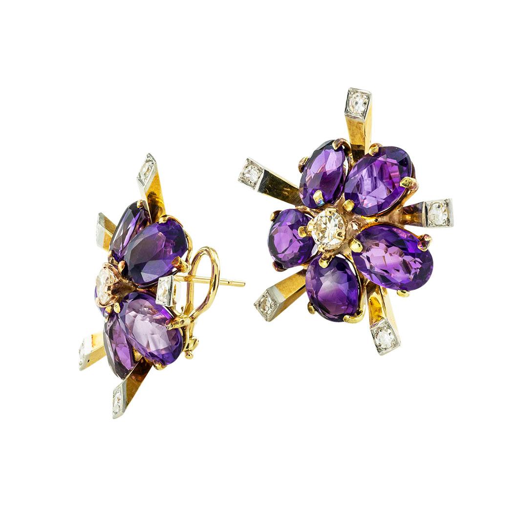 Retro Amethyst Diamond Yellow Gold Earrings Omega Clips Posts In Good Condition In Los Angeles, CA