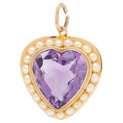 Retro Amethyst Perle 14 Karat Gelbgold Vintage Herz-Anhänger