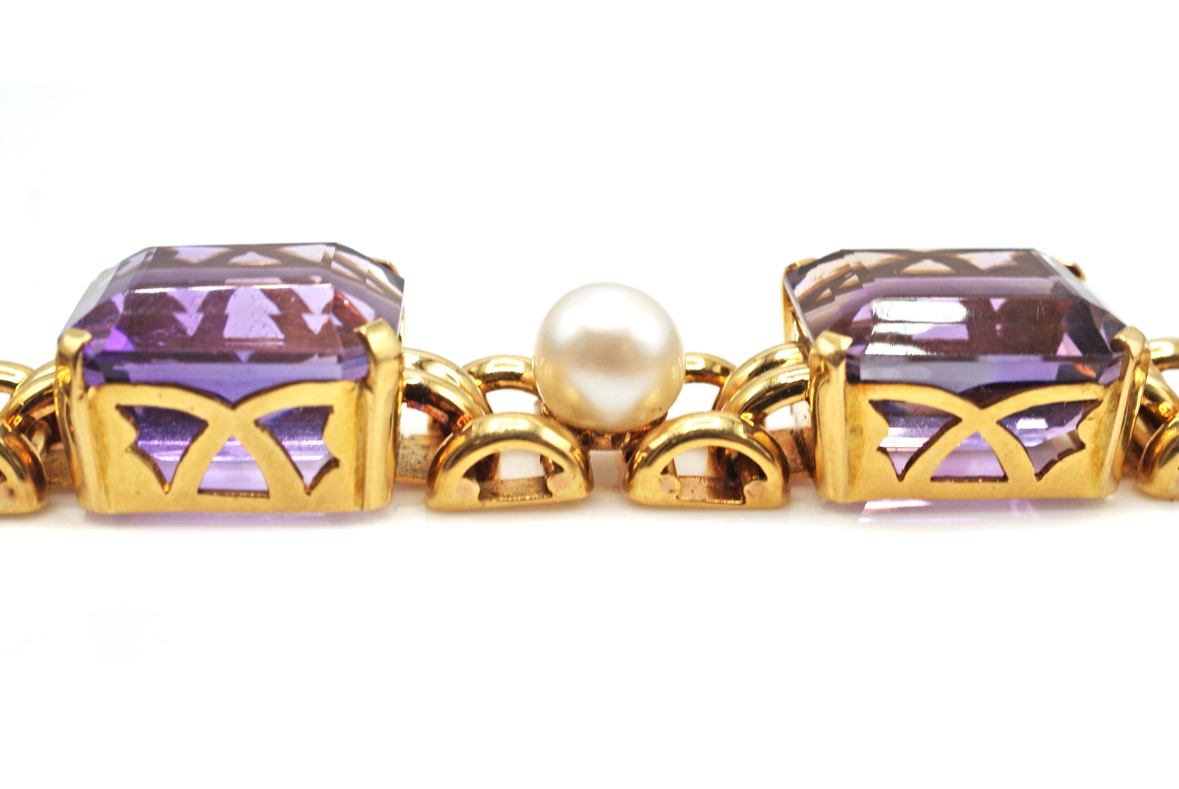 Women's or Men's Retro Amethyst Pearl 18 Karat Gold Bracelet
