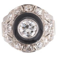 Bague rétro grappe d'onyx et de diamants