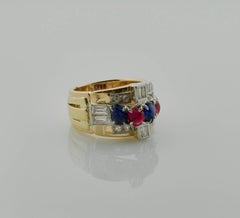Retro and Deco Ruby, Sapphire and Diamond Ring in Rose and Platinum, circa 1940s