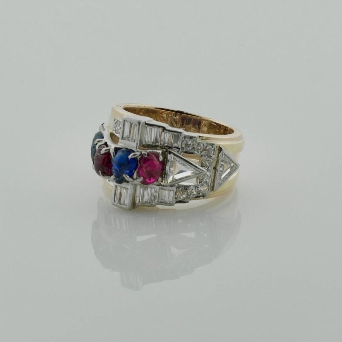 Round Cut Retro and Deco Ruby, Sapphire and Diamond Ring in Rose and Platinum, circa 1940s
