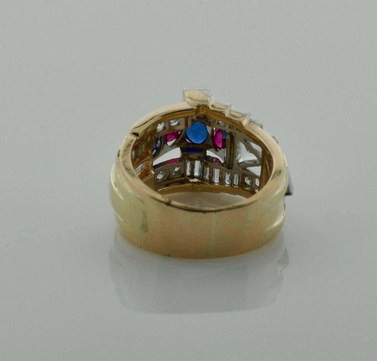 Retro and Deco Ruby, Sapphire and Diamond Ring in Rose and Platinum, circa 1940s In Excellent Condition In Wailea, HI