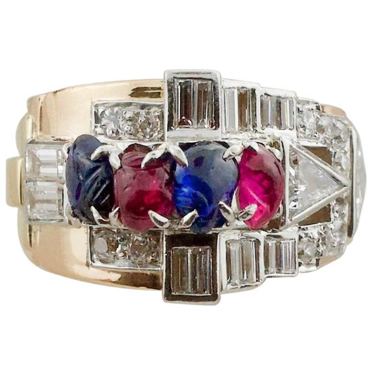 Retro and Deco Ruby, Sapphire and Diamond Ring in Rose and Platinum, circa 1940s