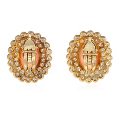Retro angel skin coral and diamond oval cluster earrings