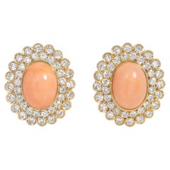 Retro angel skin coral and diamond oval cluster earrings