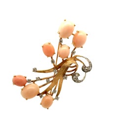 Spilla spray retrò in pelle d'angelo con coralli e diamanti in oro giallo 14K