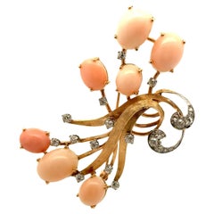 Retro Angel-Skin Corals Diamond 14K Yellow Gold Spray Brooch