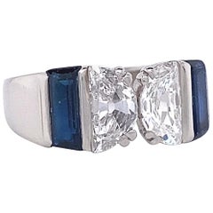 Retro Antique Half Moon Cut Diamond Sapphire Platinum Two Stone Ring