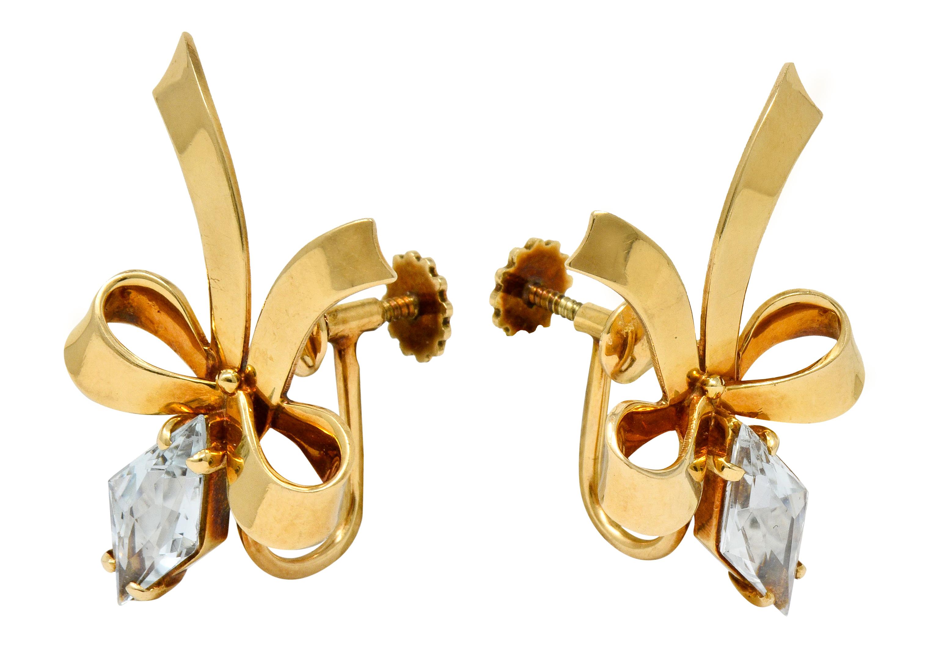 Oval Cut Retro Aquamarine 14 Karat Gold Ribboned Bow Screwback Earrings