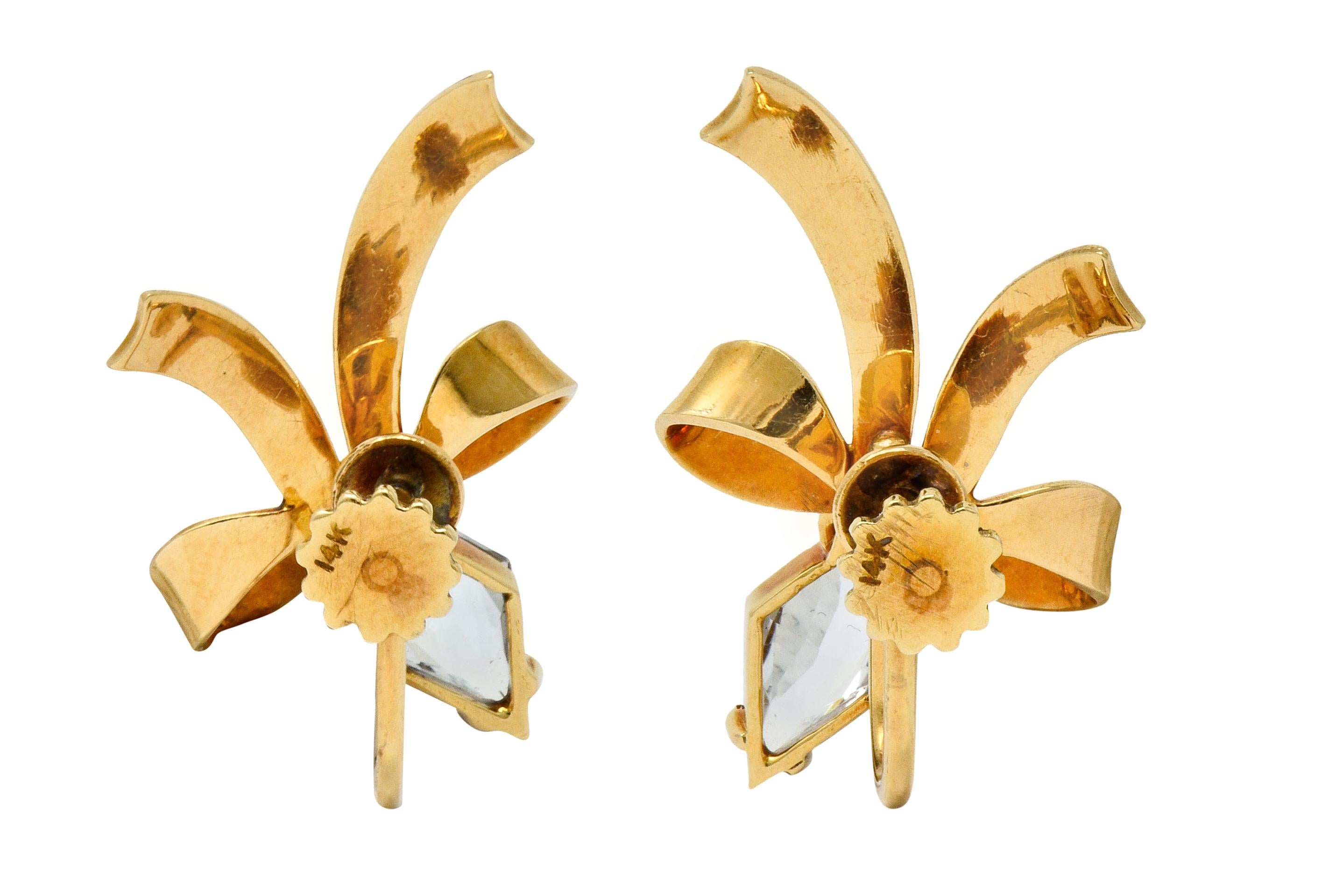 Retro Aquamarine 14 Karat Gold Ribboned Bow Screwback Earrings In Excellent Condition In Philadelphia, PA