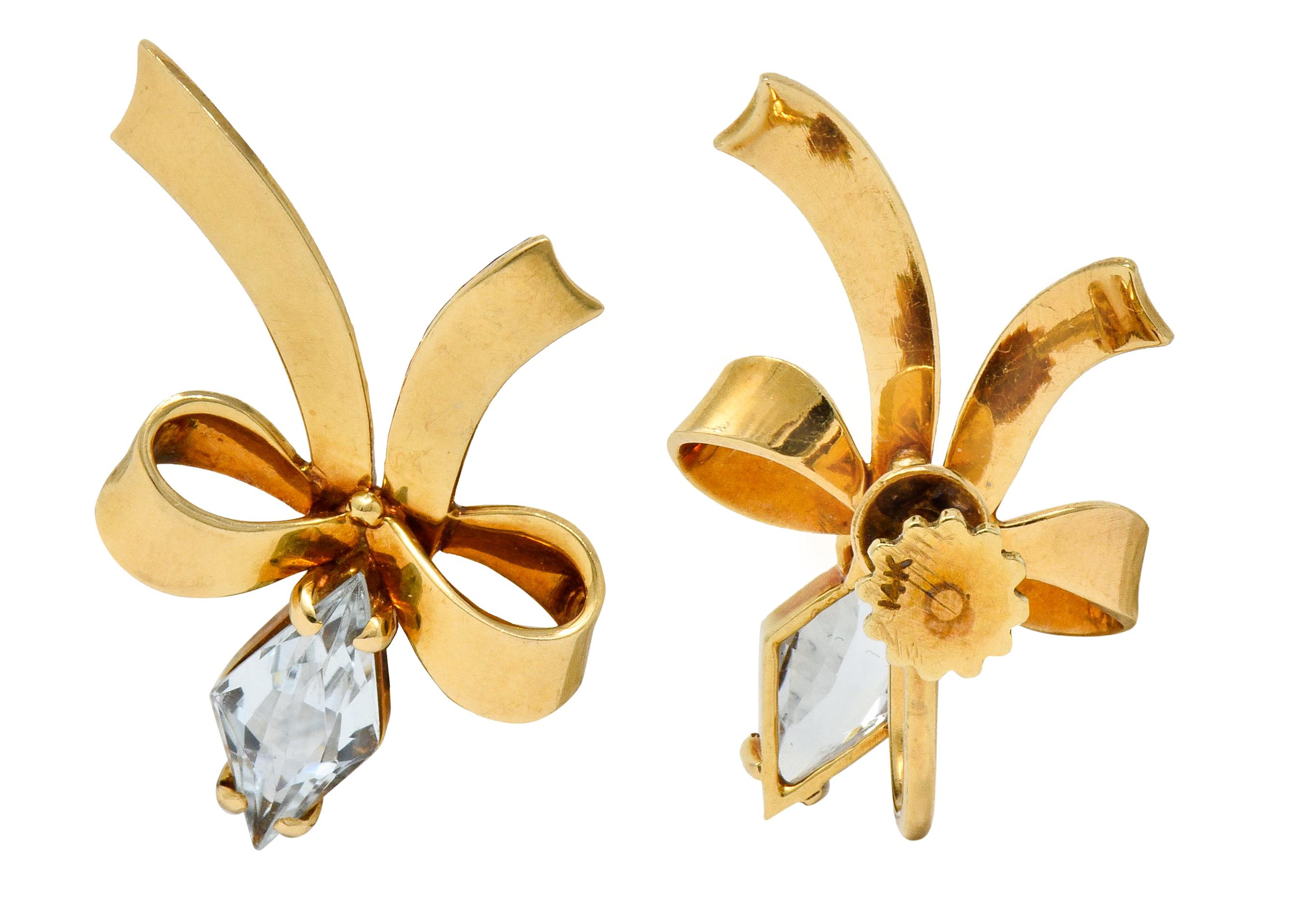 Women's or Men's Retro Aquamarine 14 Karat Gold Ribboned Bow Screwback Earrings