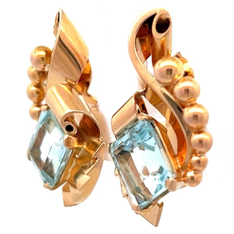 Women's or Men's Retro Aquamarine 18 Karat Rose Gold Ear Clip Earrings