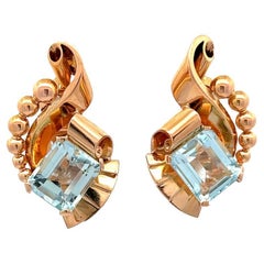 Retro Aquamarine 18 Karat Rose Gold Ear Clip Earrings