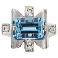 Retro Aquamarine and Diamond 18k White Gold Tank Ring