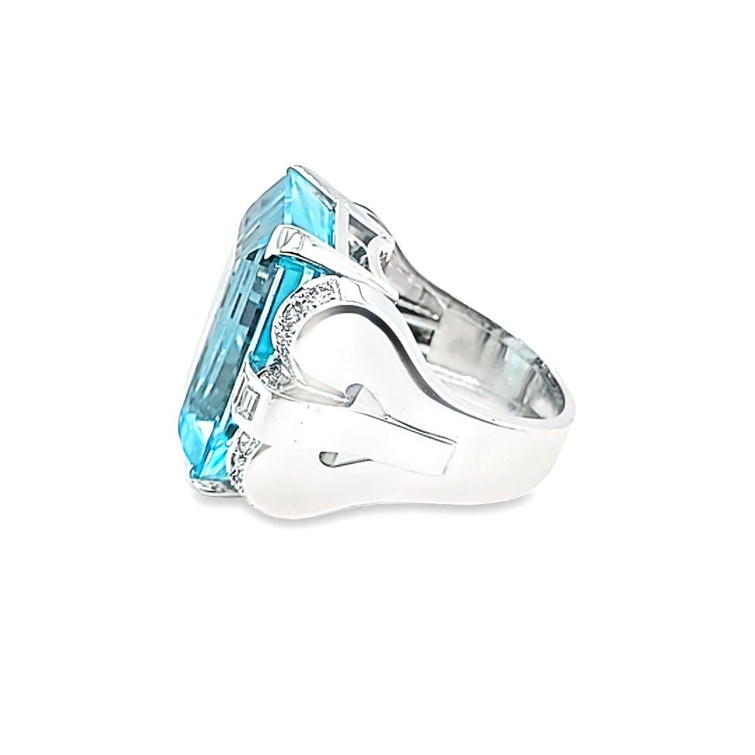 Emerald Cut Retro Aquamarine and Diamond Cocktail Ring For Sale