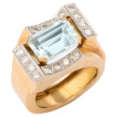 Retro Aquamarine and Diamond Gold Ring