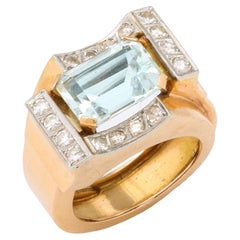 Retro Aquamarine and Diamond Gold Ring