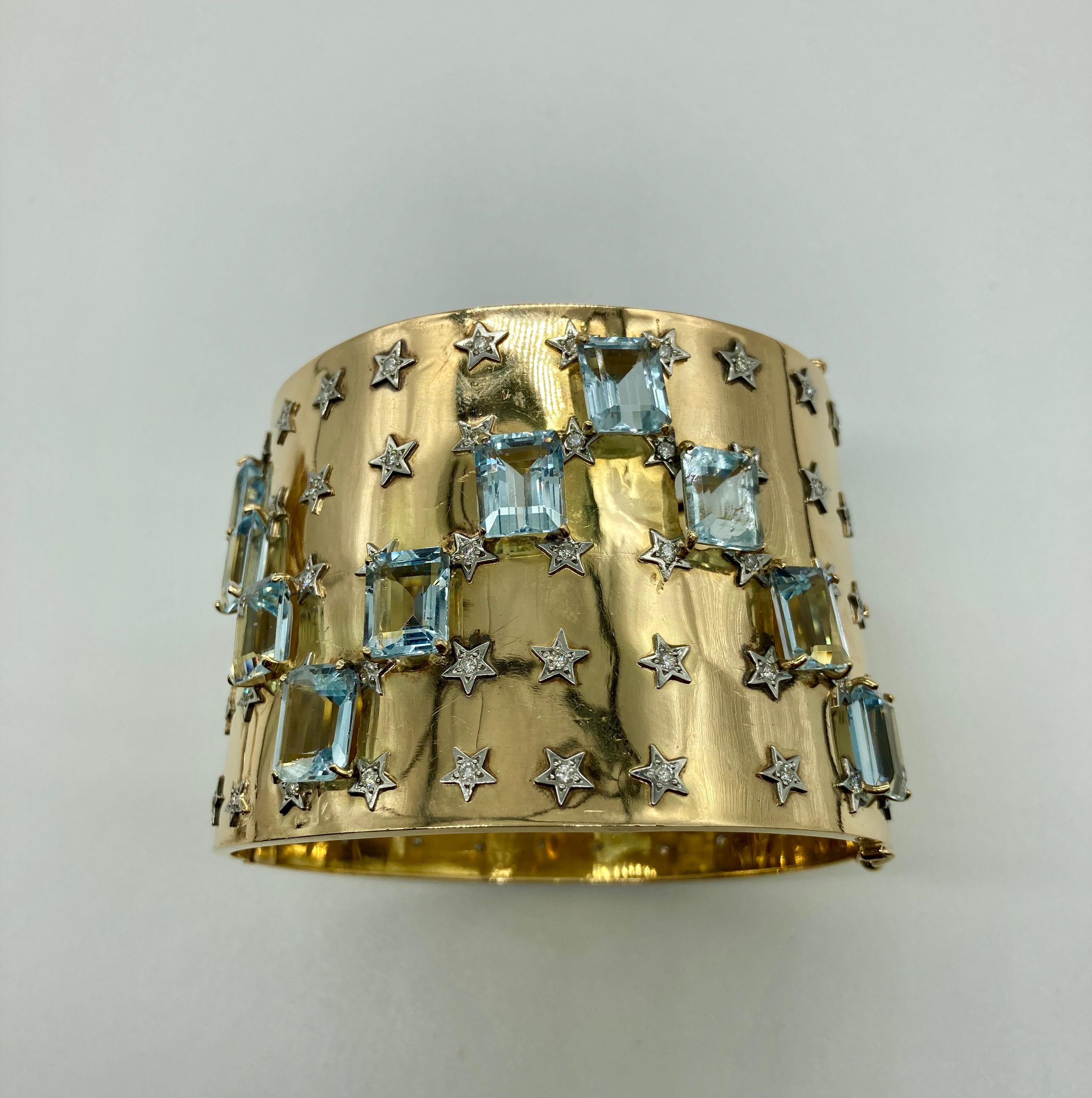 Mixed Cut Retro Aquamarine and Diamond Stars Gold Cuff Bracelet For Sale