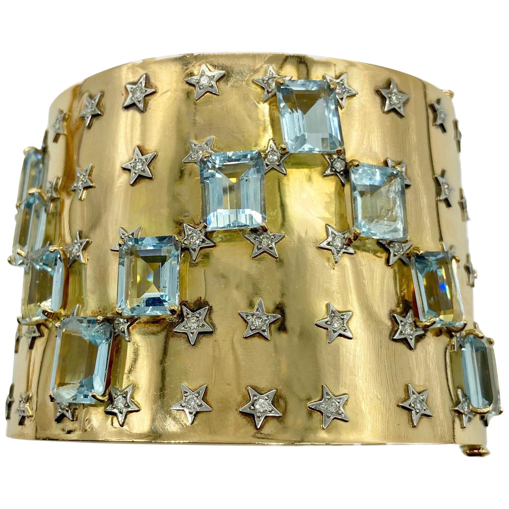 Retro Aquamarine and Diamond Stars Gold Cuff Bracelet