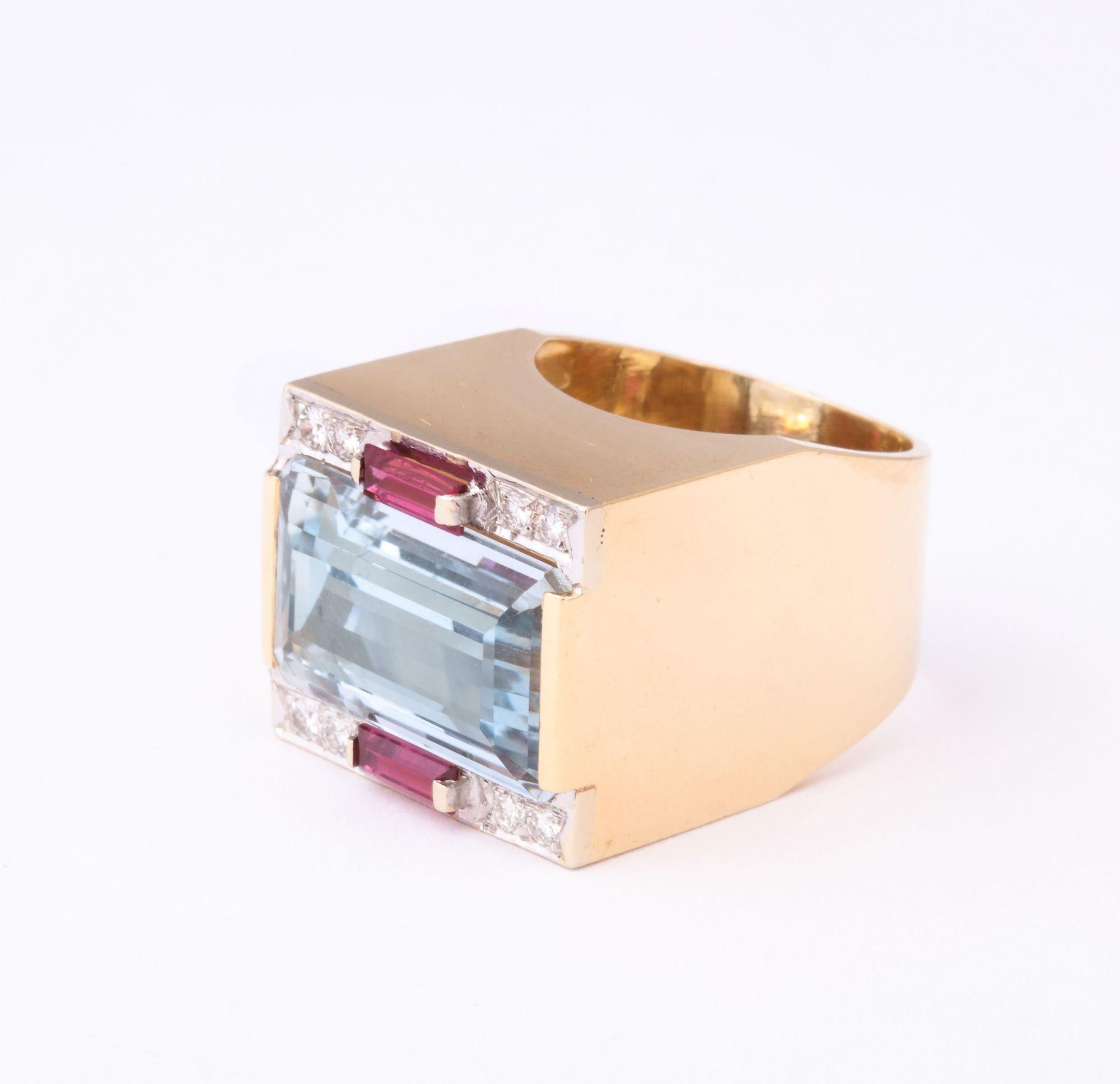 Emerald Cut Retro Aquamarine Ring With Ruby and Diamond Accents  For Sale