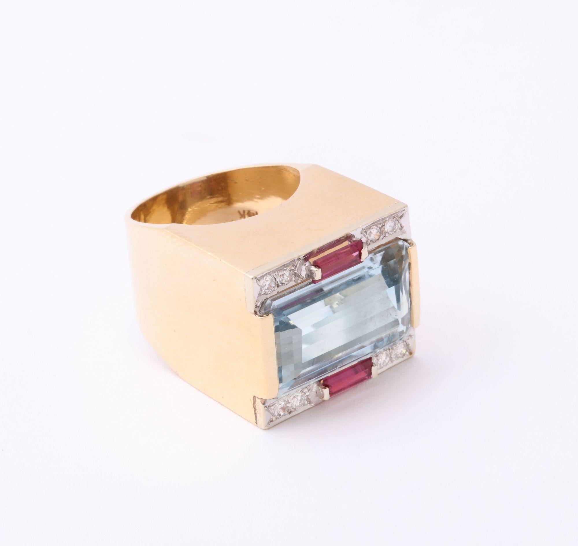 Retro Aquamarine Ring With Ruby and Diamond Accents  For Sale 2
