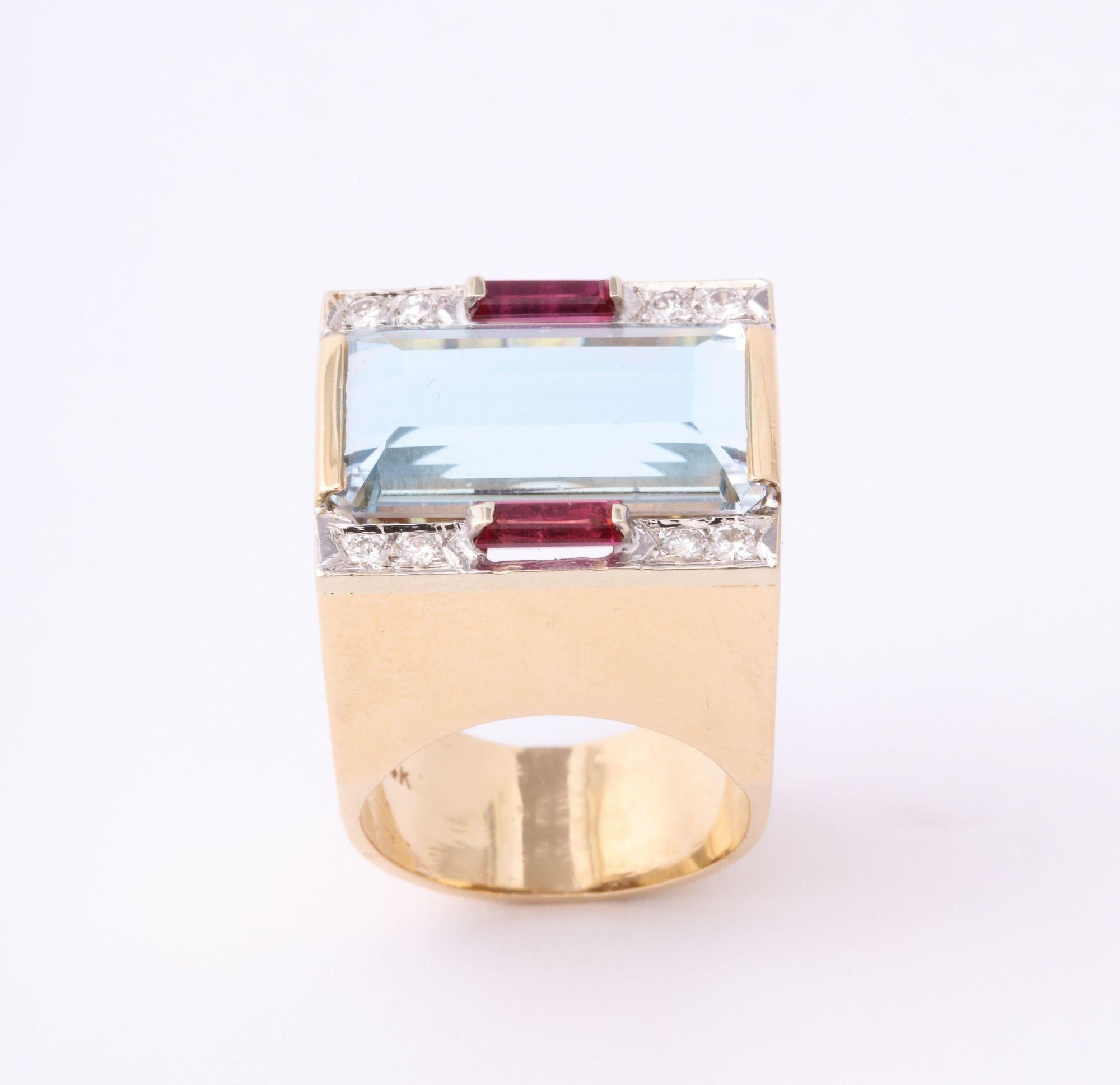 Retro Aquamarine Ring With Ruby and Diamond Accents  For Sale 3