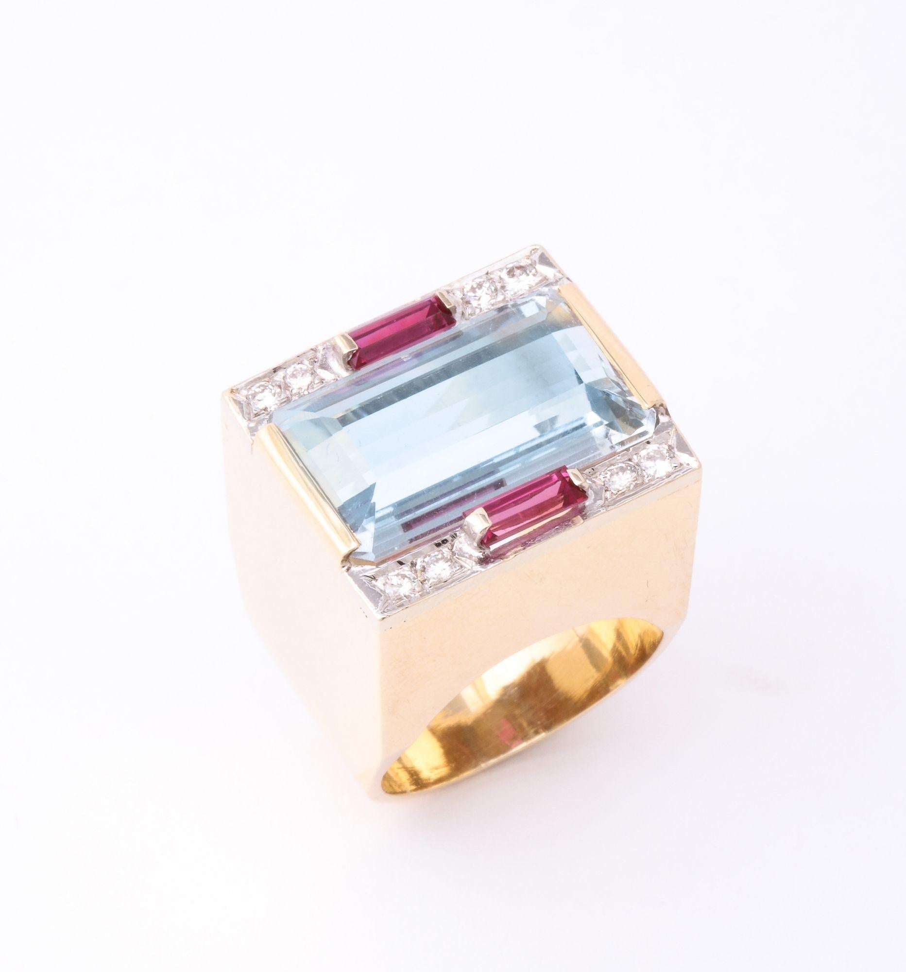 Retro Aquamarine Ring With Ruby and Diamond Accents  For Sale