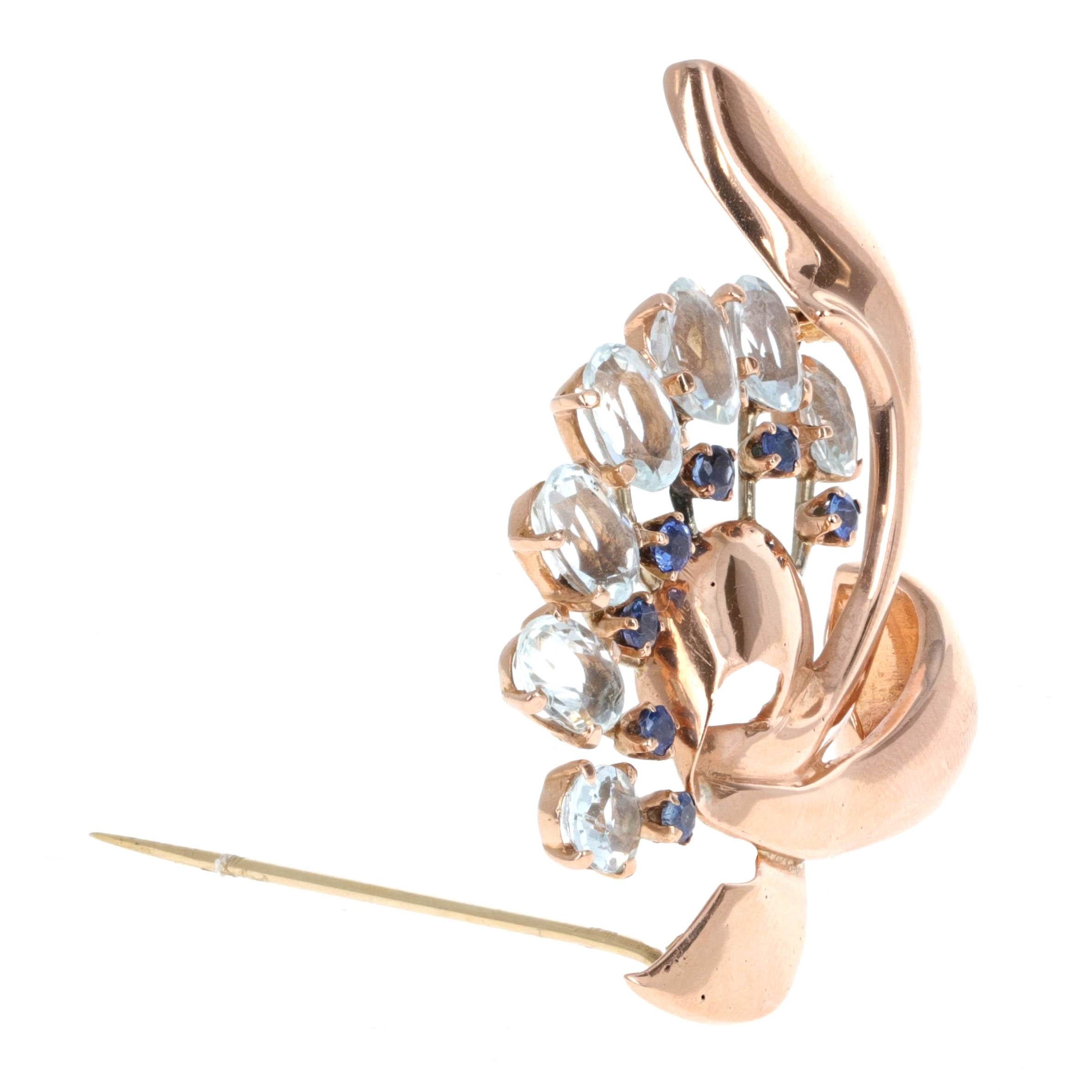 Spilla retrò in oro rosa 14K con acquamarina e zaffiro, design floreale di metà secolo in vendita 1