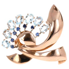 Retro Aquamarine and Sapphire 14K Rose Gold Brooch, Mid-Century Floral Design