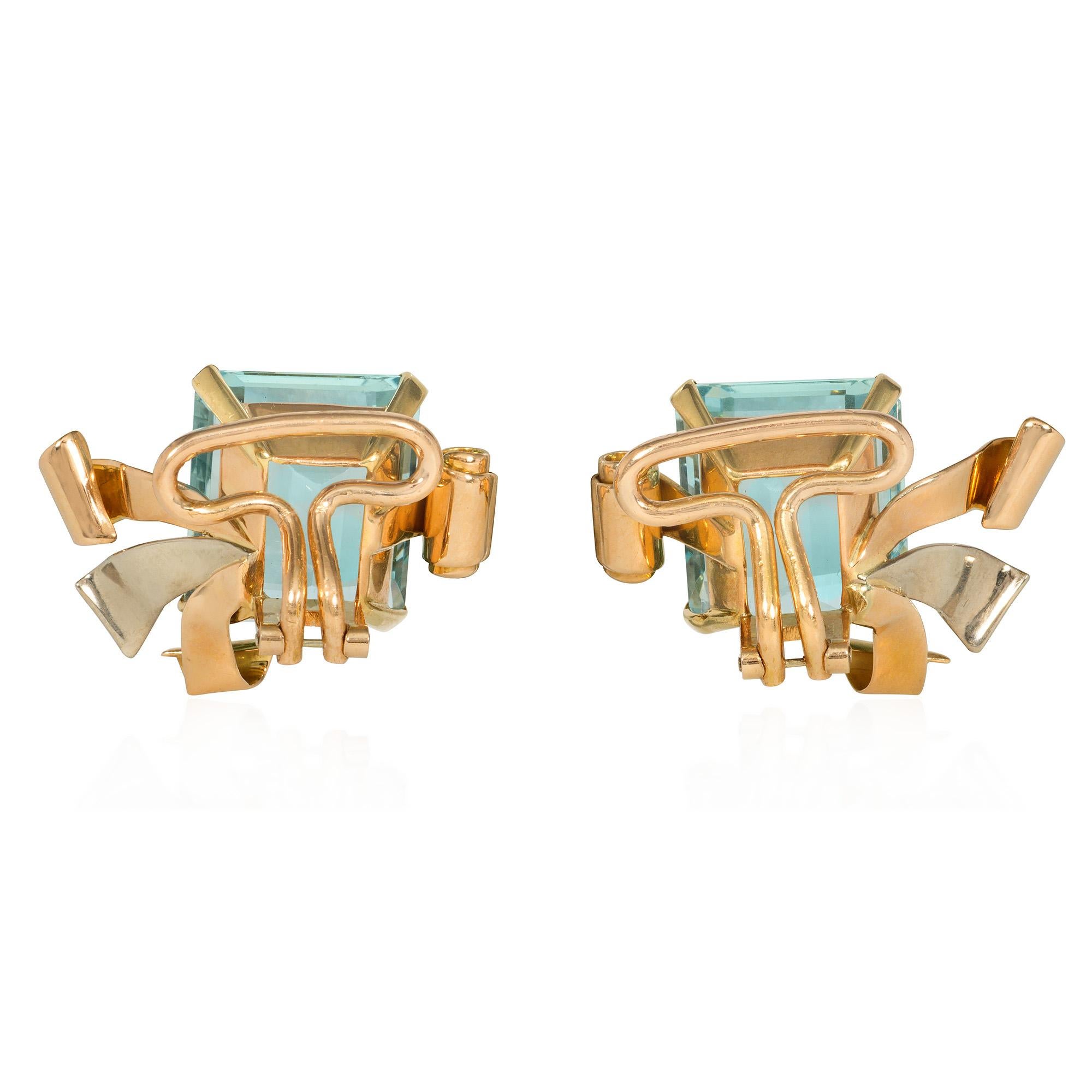 Emerald Cut Retro Aquamarine and Three-Color Gold Earrings with Scroll and Ribbon Motifs For Sale