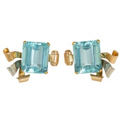 Retro Aquamarine and Three-Color Gold Earrings with Scroll and Ribbon Motifs