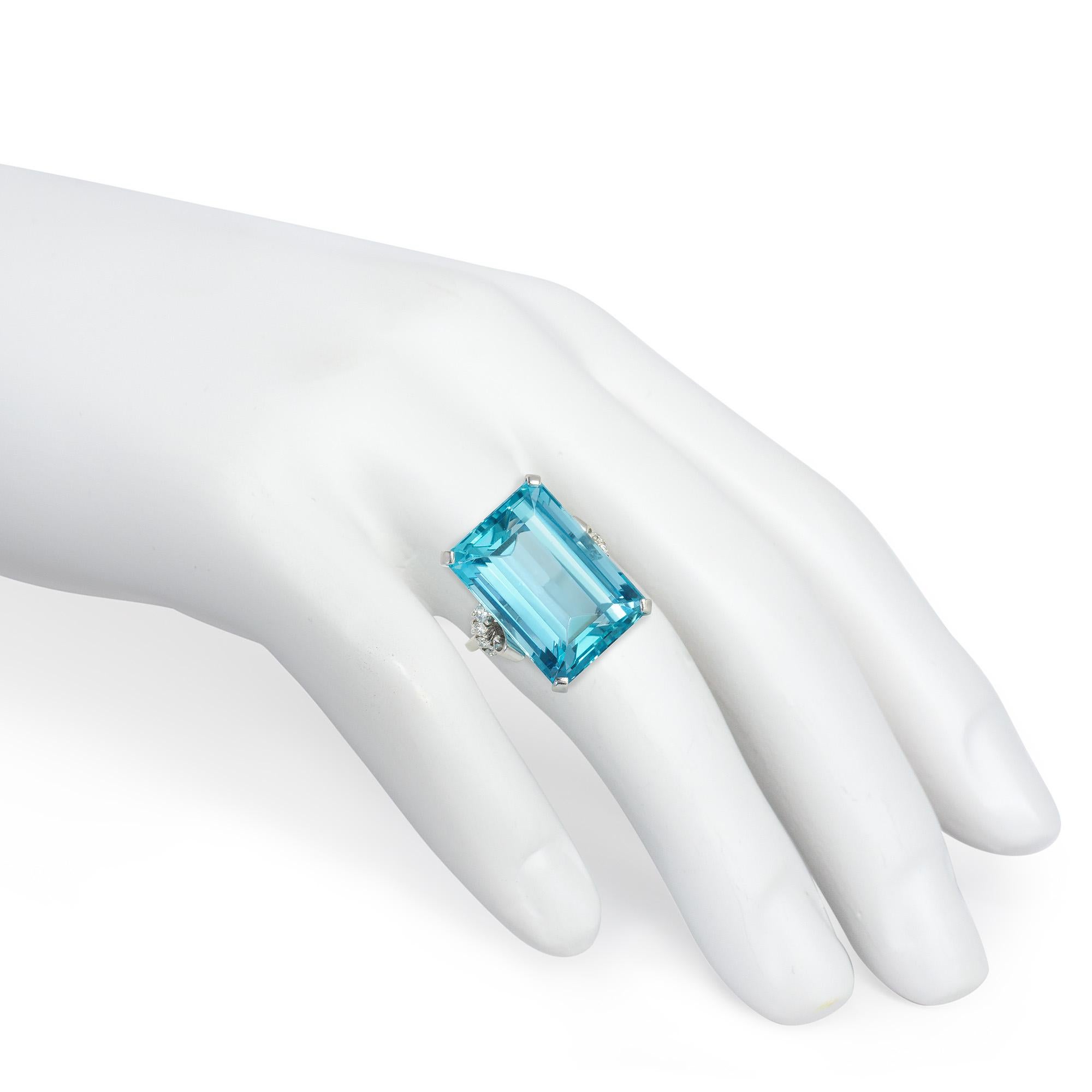 Women's or Men's Retro Aquamarine, Diamond, and Platinum Cocktail Ring with Scrolled Shoulders For Sale