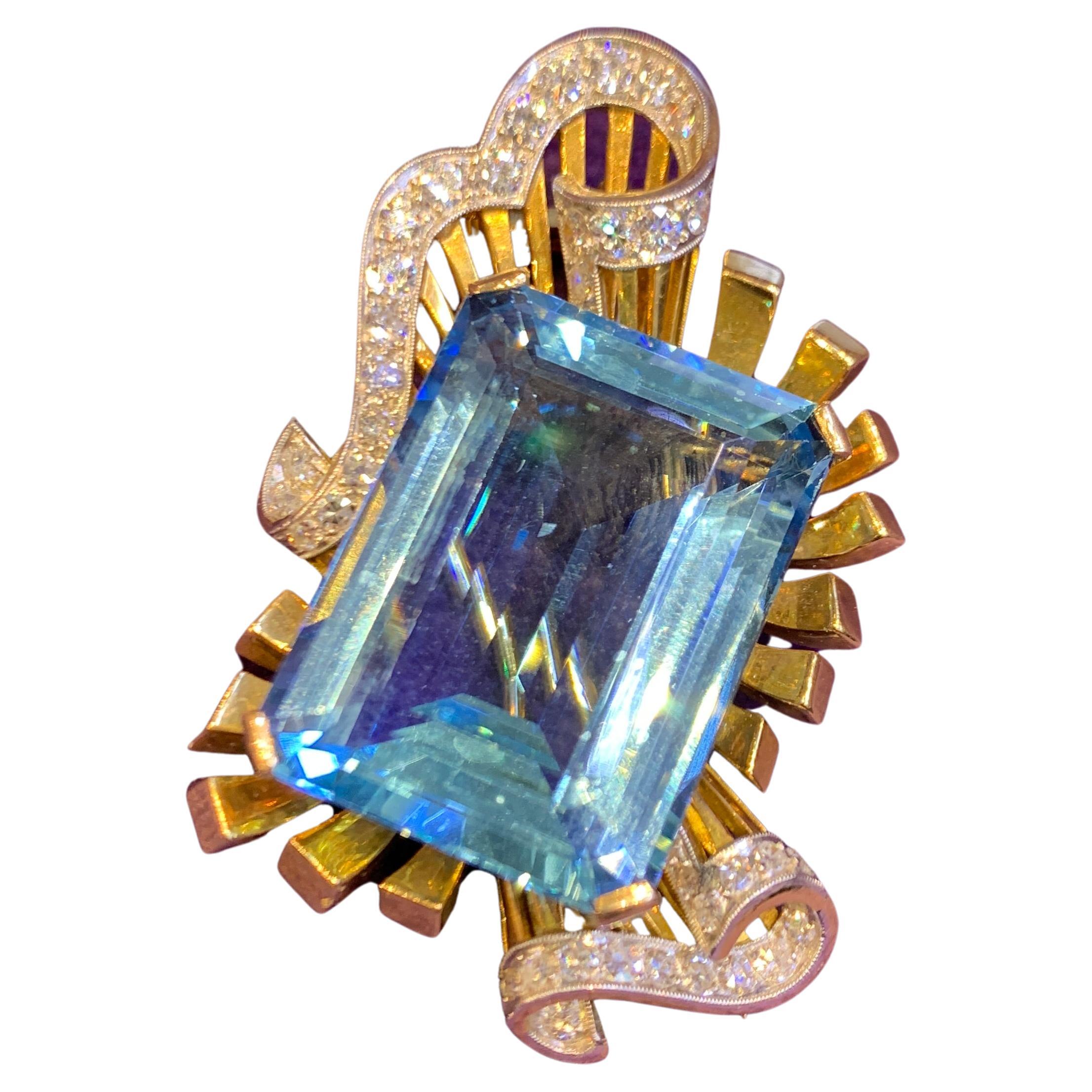 Retro Aquamarine & Diamond Brooch For Sale