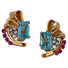 Retro Aquamarine Diamond Ruby 14 Karat Rose Gold Estate Earclip Earrings