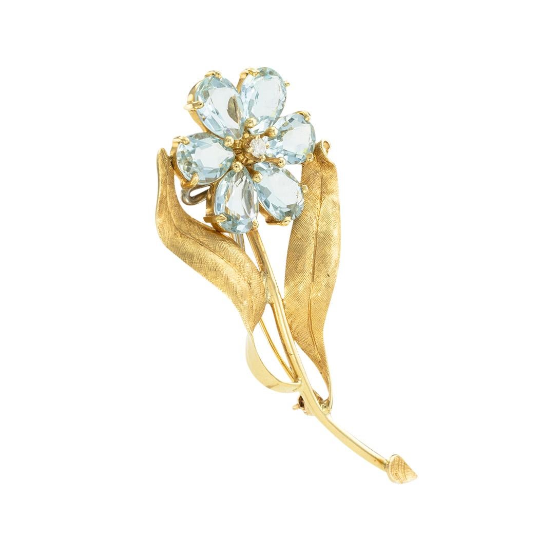 Pear Cut Retro Aquamarine Diamond Yellow Gold Flower Brooch