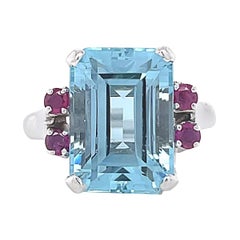 Vintage Aquamarine Ruby 14 Karat White Gold Cocktail Ring