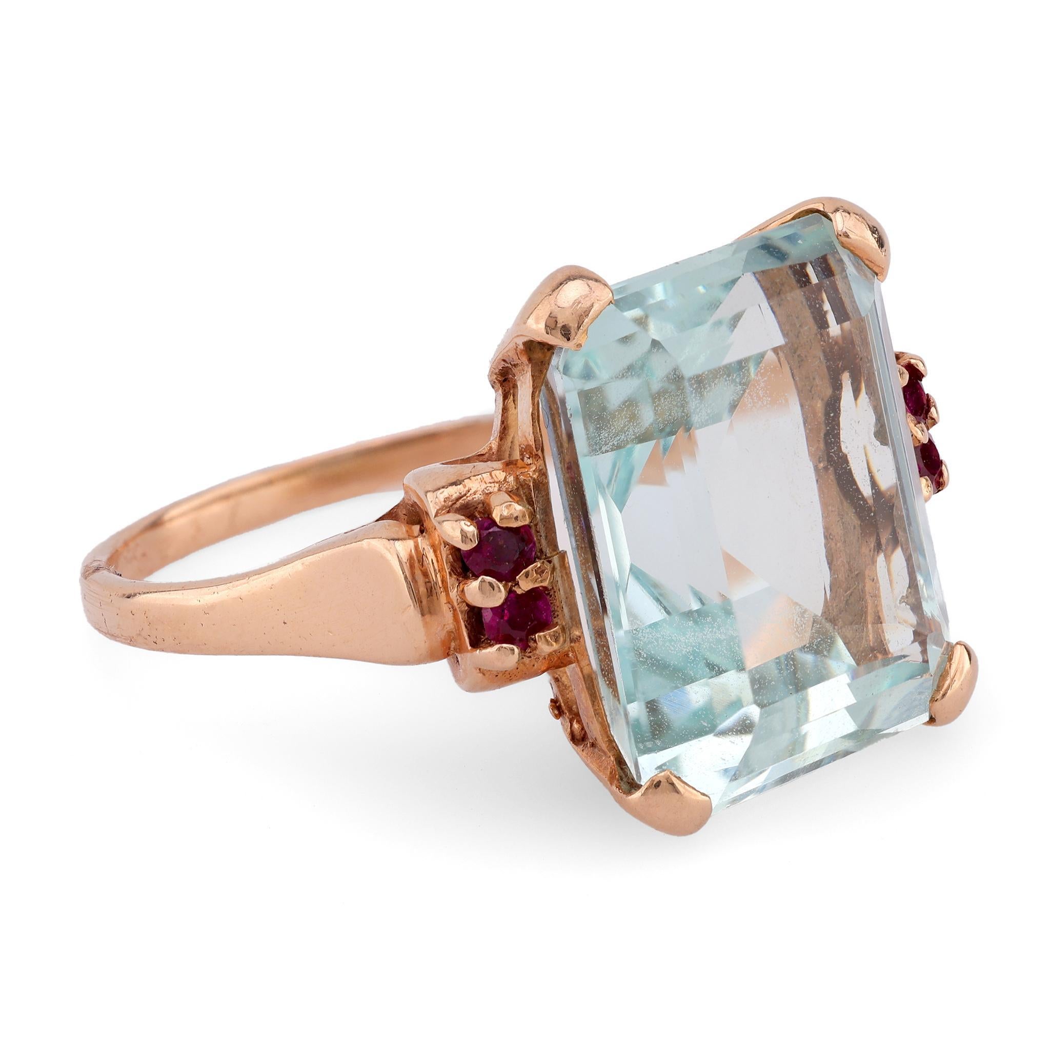 Retro Aquamarin Rubin 14K Roségold Cocktail-Ring (Smaragdschliff)