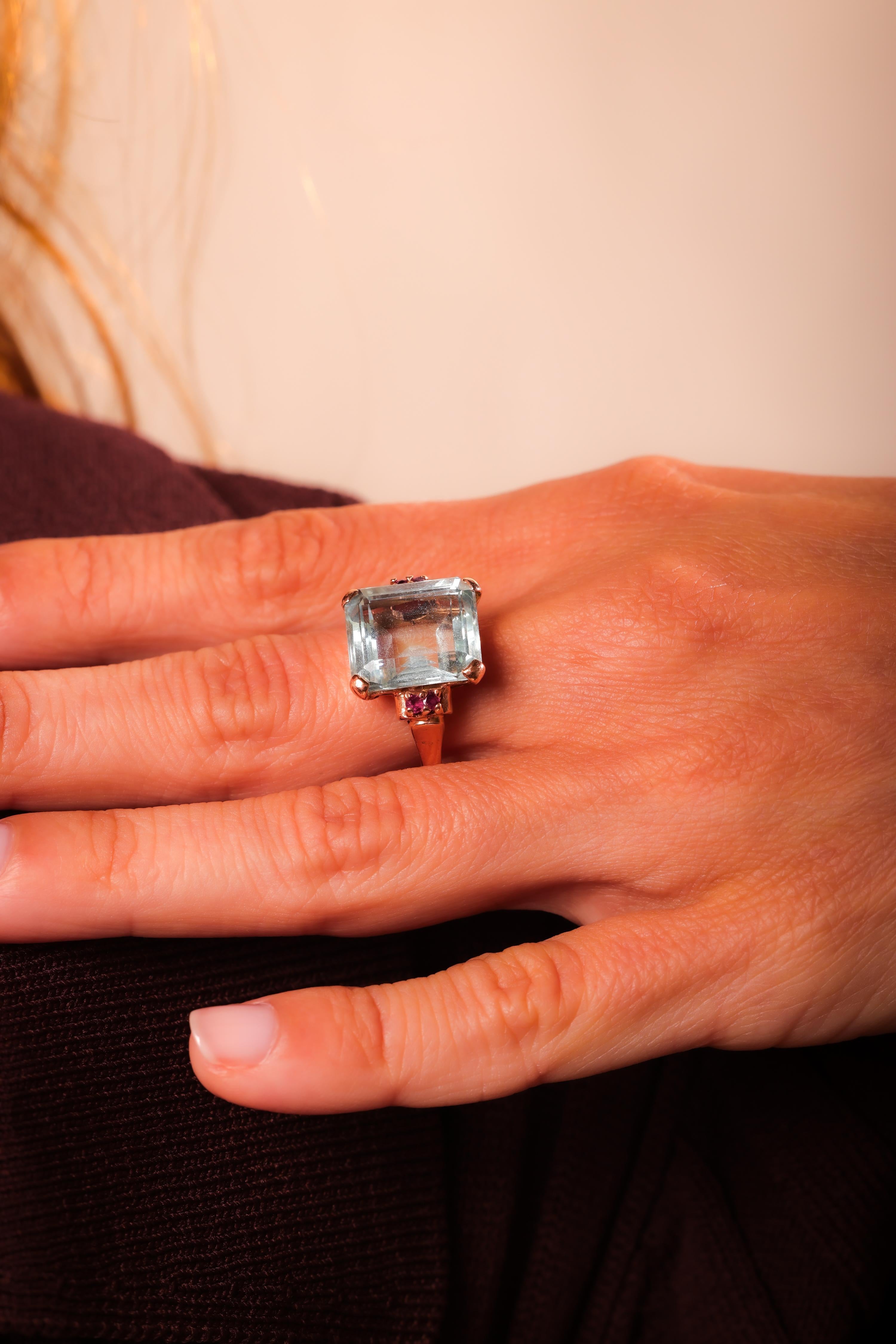 Retro Aquamarin Rubin 14K Roségold Cocktail-Ring im Zustand „Hervorragend“ in Beverly Hills, CA