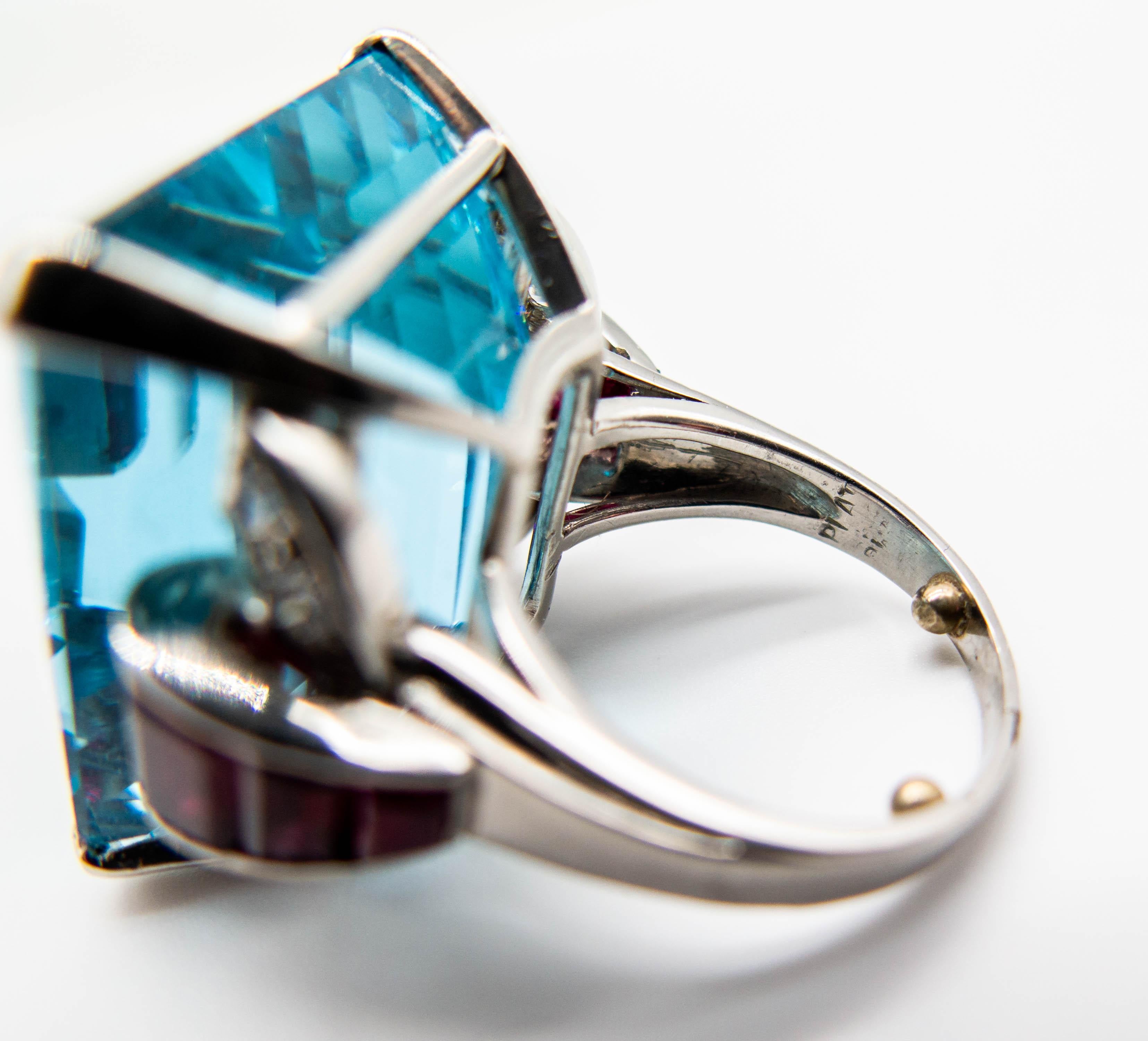 Emerald Cut Retro Aquamarine Ruby Diamond Ring
