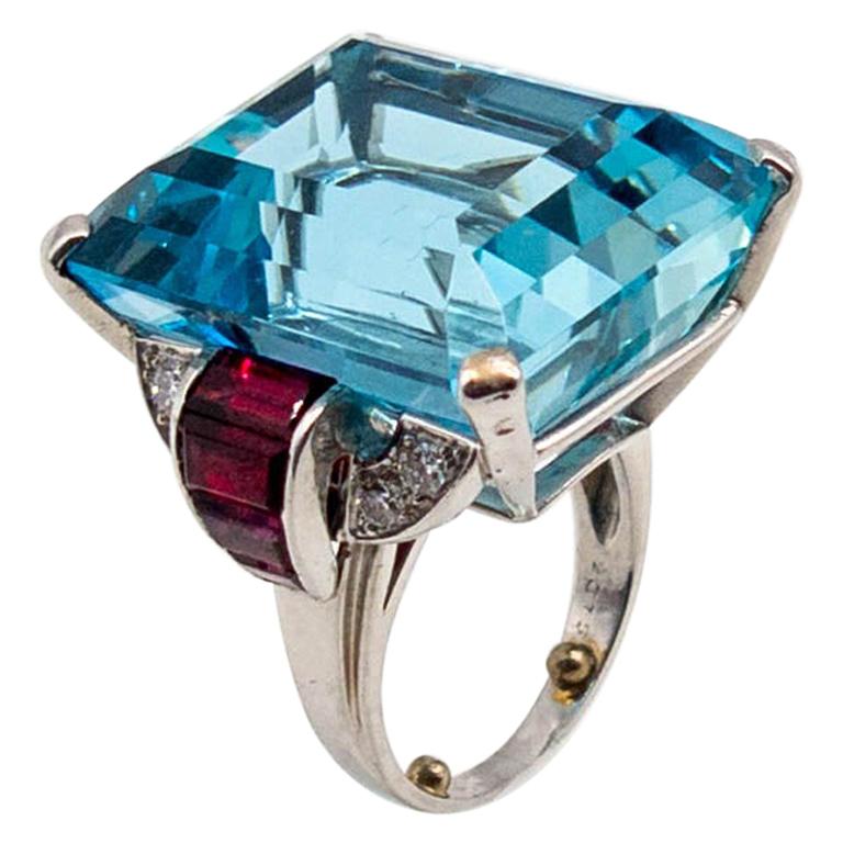 Retro Aquamarine Ruby Diamond Ring