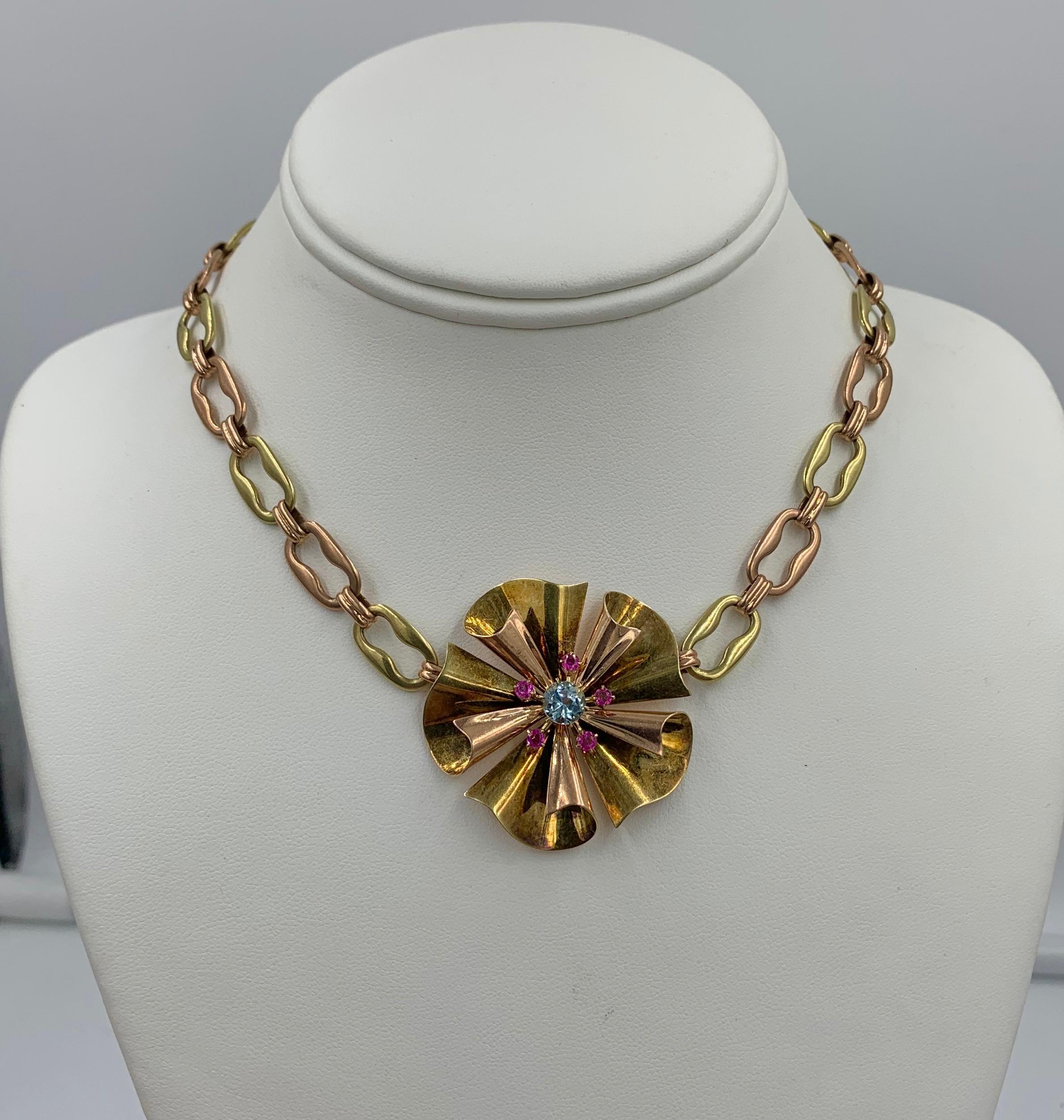 Retro Aquamarin-Rubin-Blumen-Halskette 14 Karat Gold Mid-Century Modern (Rundschliff) im Angebot