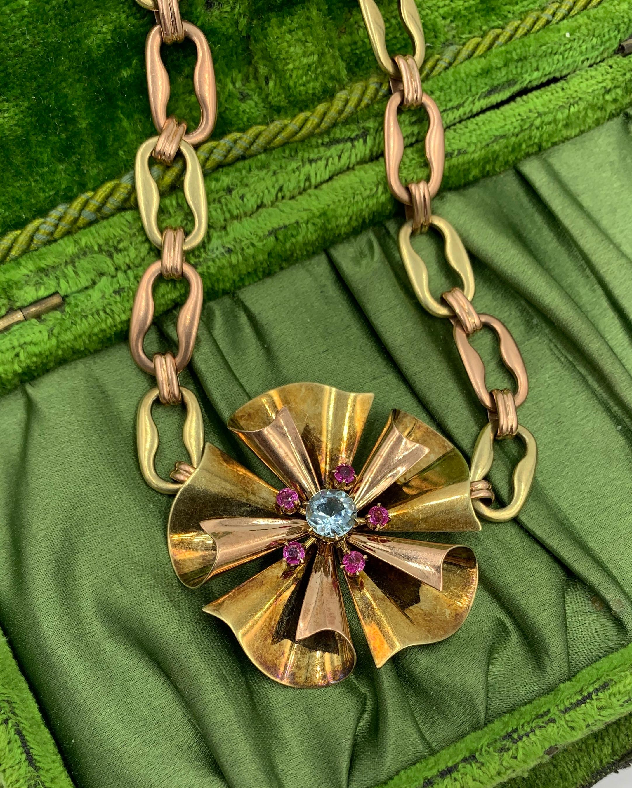 Retro Aquamarin-Rubin-Blumen-Halskette 14 Karat Gold Mid-Century Modern Herren im Angebot