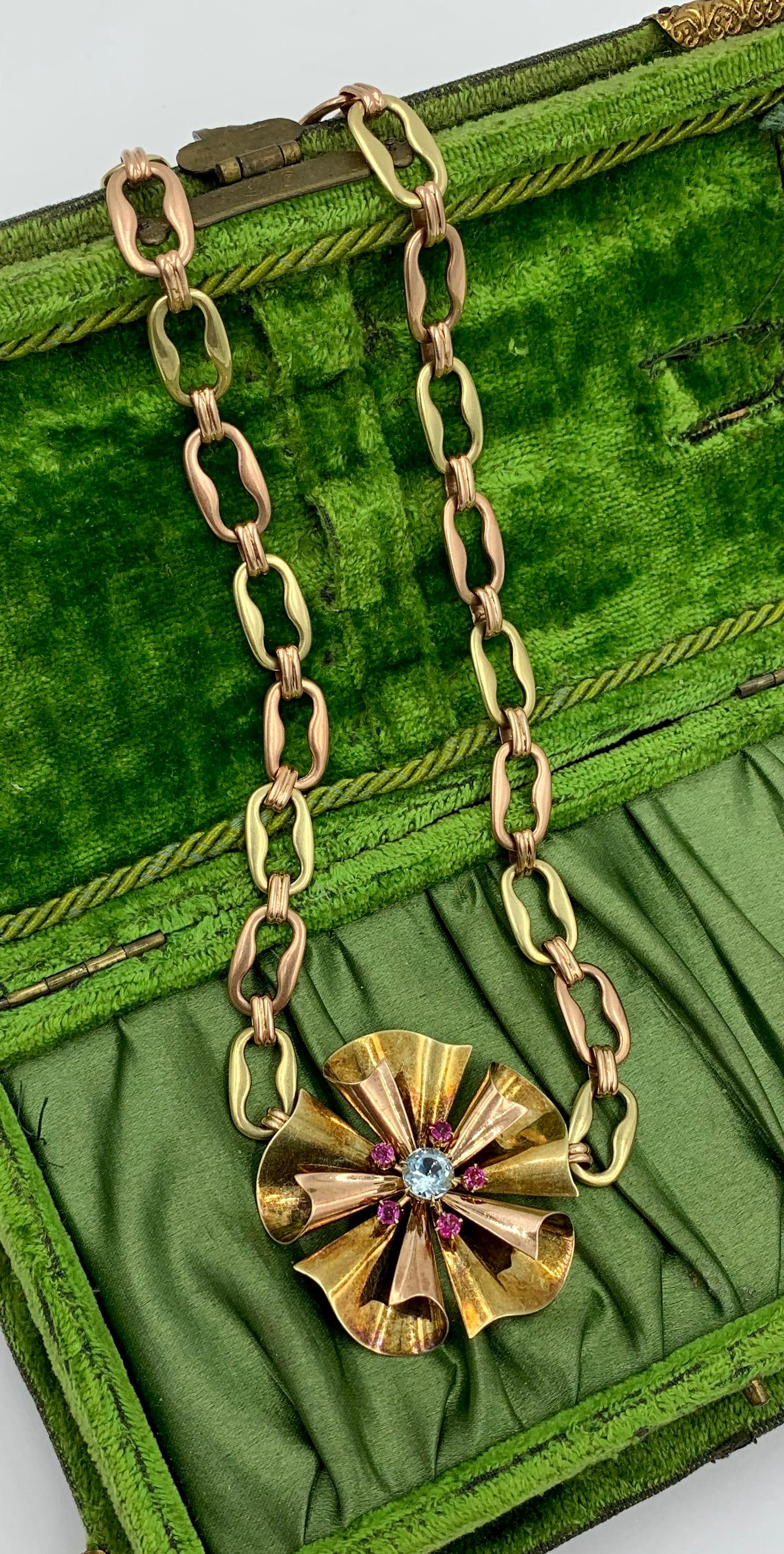 Retro Aquamarin-Rubin-Blumen-Halskette 14 Karat Gold Mid-Century Modern im Angebot 2